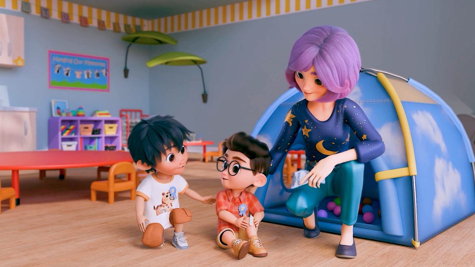 Teacher Luna comforts Kai and Carlos